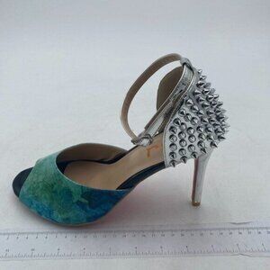 FSJ Blue Comfy Rivets Pearls Ankle Strap High Heels Peep Toe Buckle Up Sandals